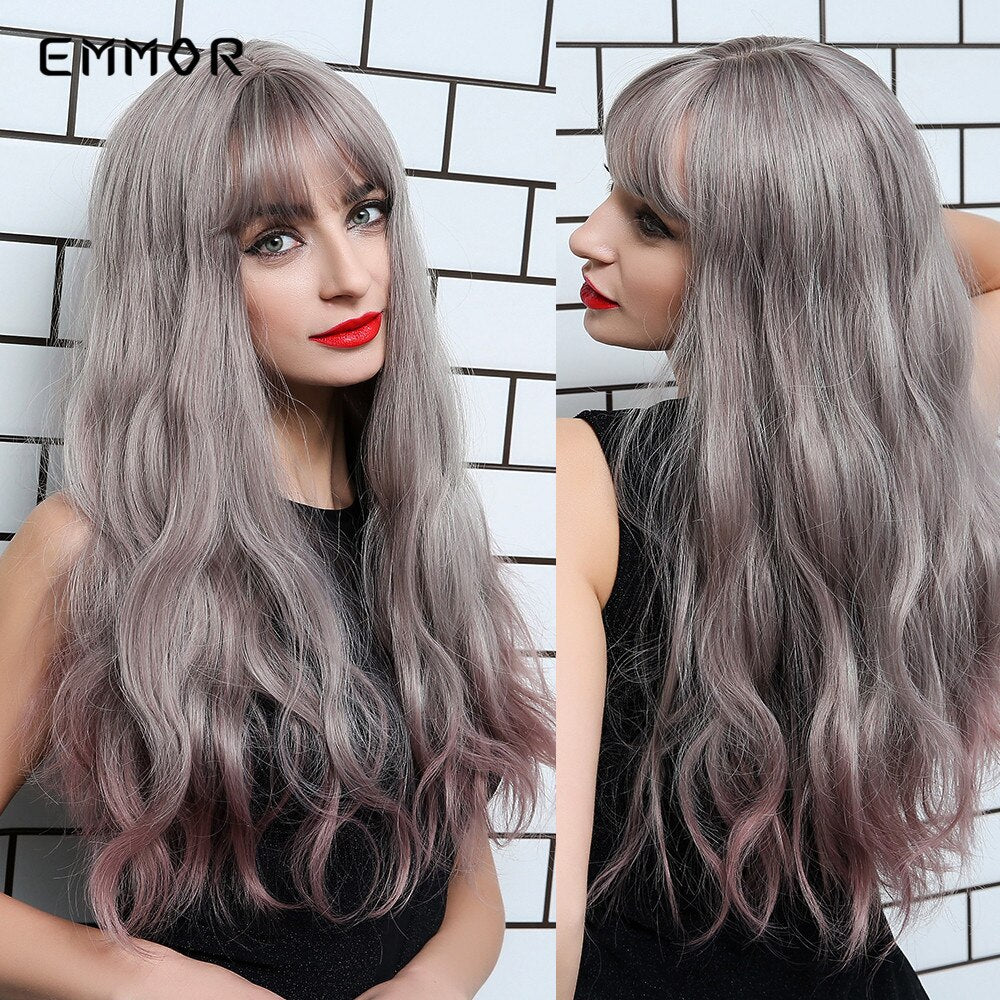 Synthetic Purple Wigs for Women Cosplay Party Lolita Wigs Bangs High Temperature Fiber Natural Long Body Wave Hair Wigs