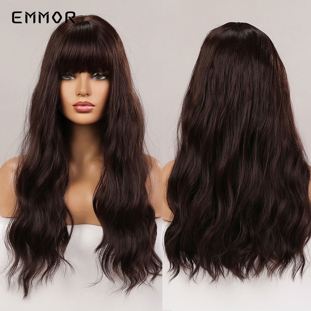 Synthetic Ombre Brown to Ginger Wigs Natural Blonde Wavy Hair Wig for Women Cosplay Orange-brown Daily Wigs with Bangs