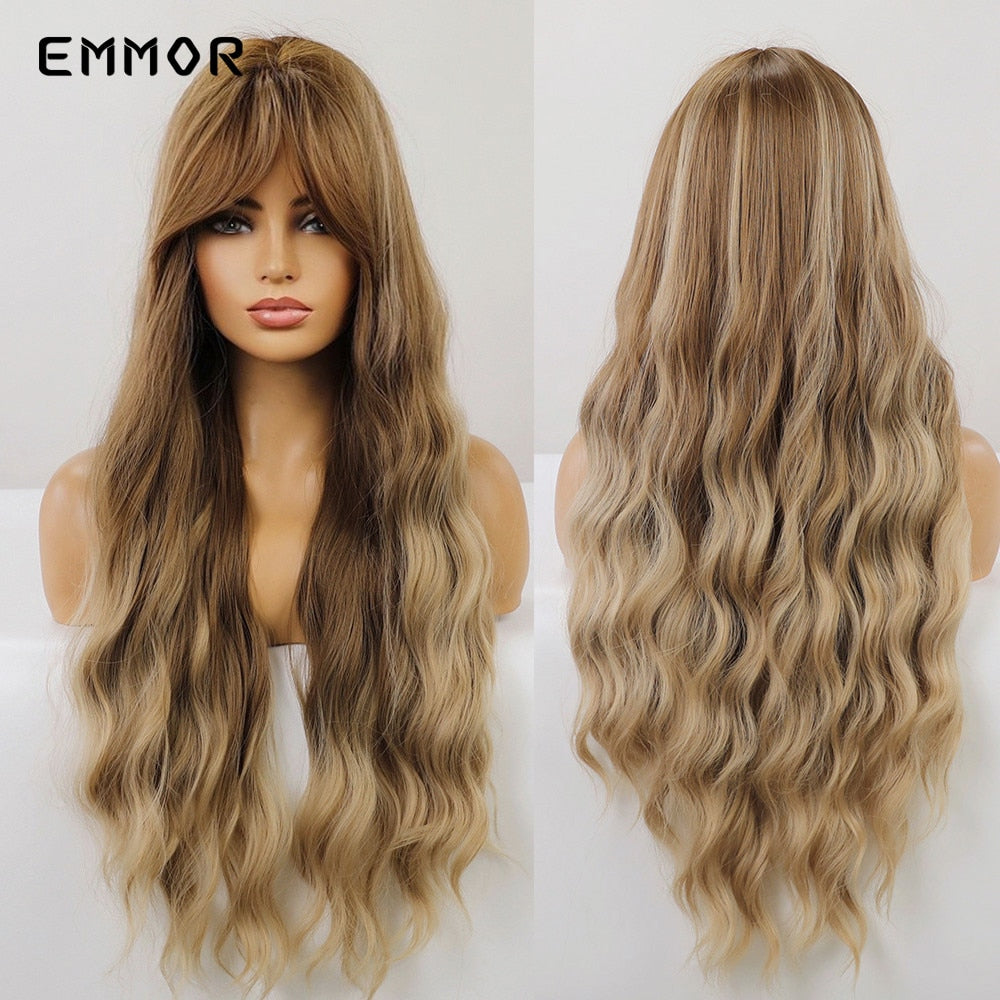 Synthetic Long Wavy Wigs with Bangs Cosplay Natural Ombre Brown to Ash Brown Hair for Women High Temperature Fiber Wig