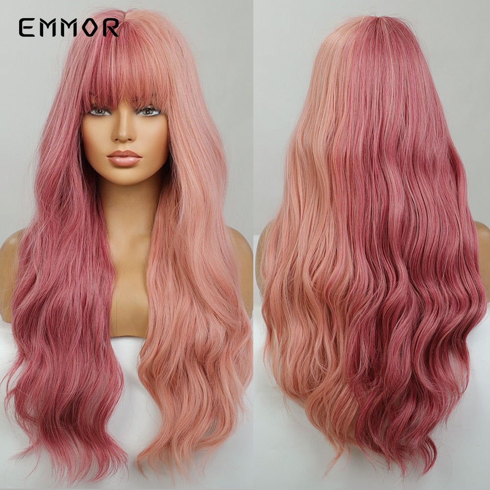 Synthetic Ombre Brown to Ginger Wigs Natural Blonde Wavy Hair Wig for Women Cosplay Orange-brown Daily Wigs with Bangs