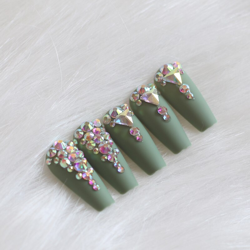 24pcs candy long ballet handmade crystal diamond Matte fake nails sexy green
