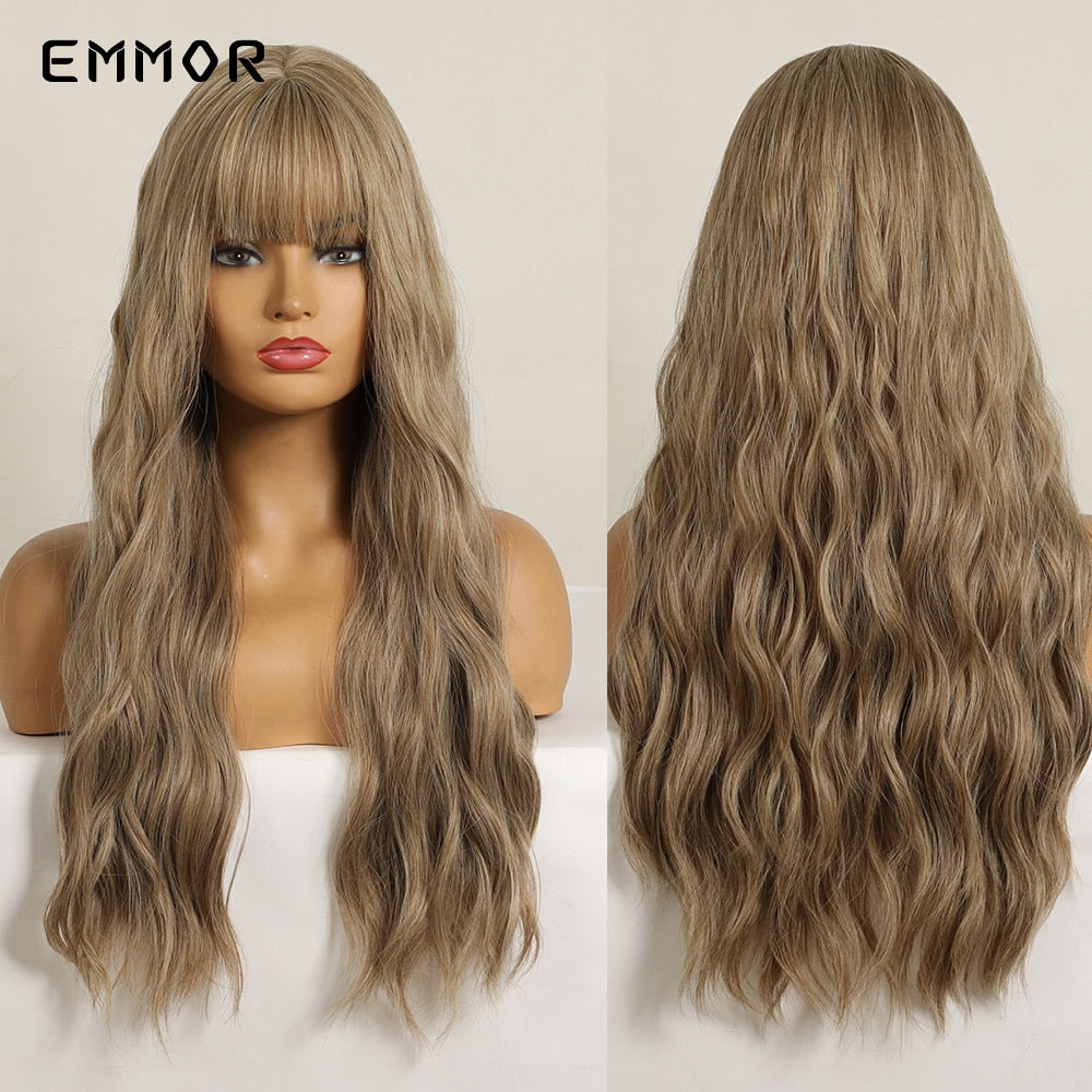 Synthetic Long Wavy Wigs with Bangs for Women Cosplay Natural Ombre Brown to Light Blonde Hair Wig High Temperature Fiber