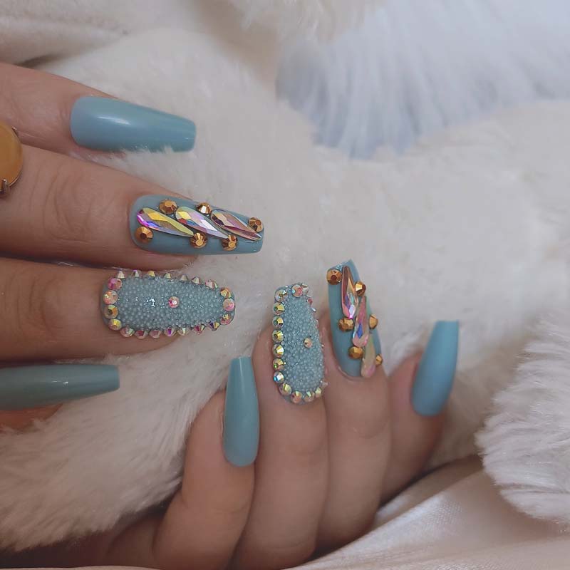 24pcs candy long ballet handmade crystal diamond fake nails sexy light blue