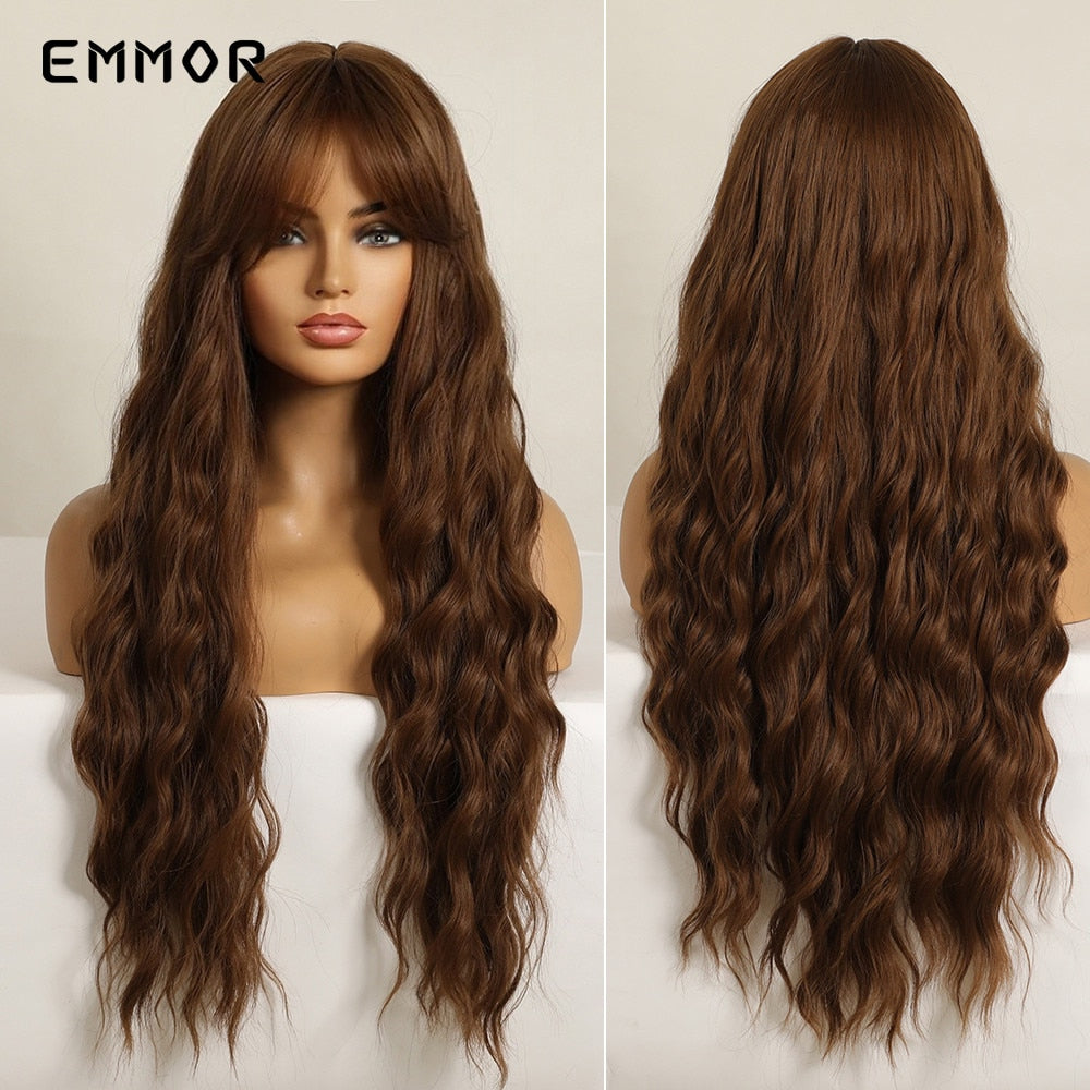 Synthetic Long Wavy Wigs with Bangs Cosplay Natural Ombre Brown to Ash Brown Hair for Women High Temperature Fiber Wig
