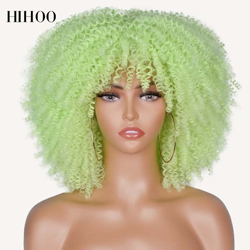 Short Hair Afro Kinky Curly Wigs With Bangs For Black Women Cosplay Lolita Synthetic Natural Blonde Wig Red Blue Orange Wig