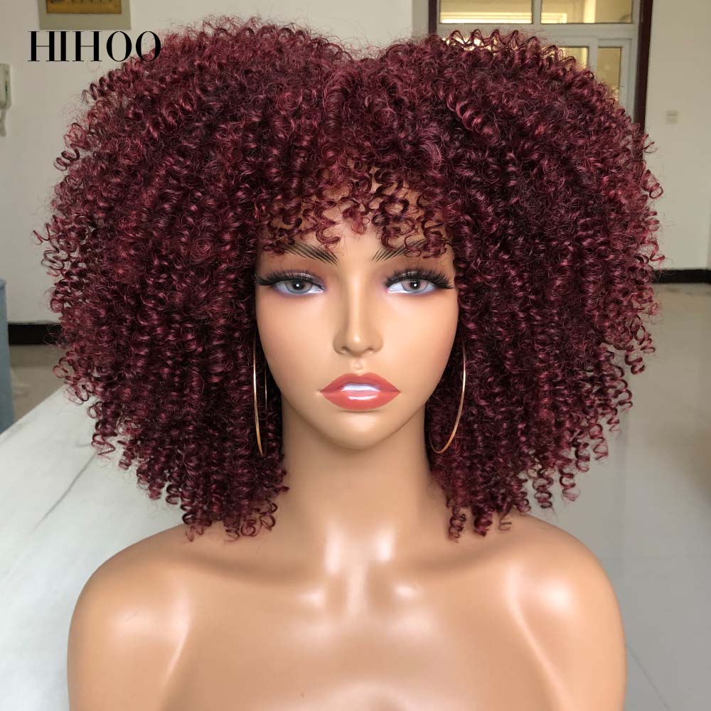 Short Hair Afro Kinky Curly Wigs With Bangs For Black Women Cosplay Lolita Synthetic Natural Blonde Wig Red Blue Orange Wig