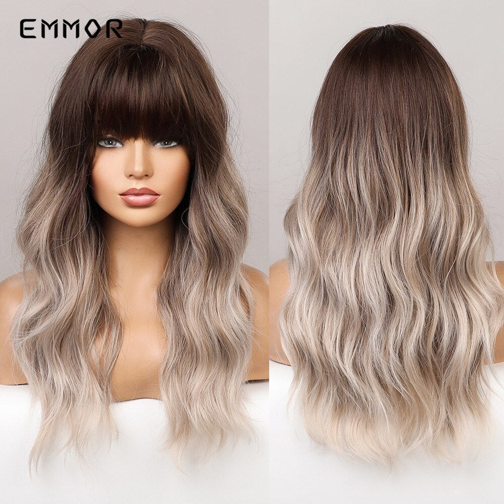 Synthetic Middle Dark Red with Bangs for Women Natural Long Water Wavy Cosplay Hairstyle Heat Resistant Fiber Hair Wigs