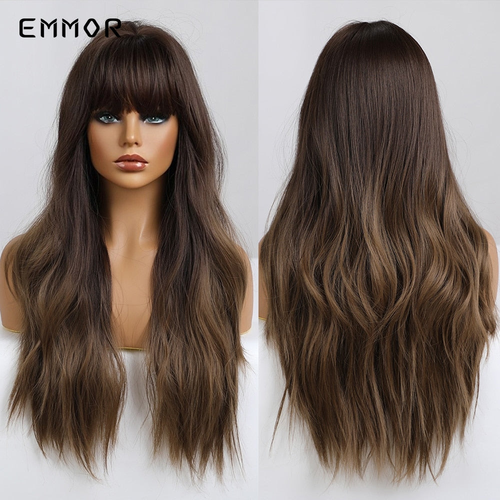 Synthetic Long Wavy Wigs with Bangs Cosplay Natural Ombre Brown to Ash Brown Hair for Women High Temperature Fiber Wig
