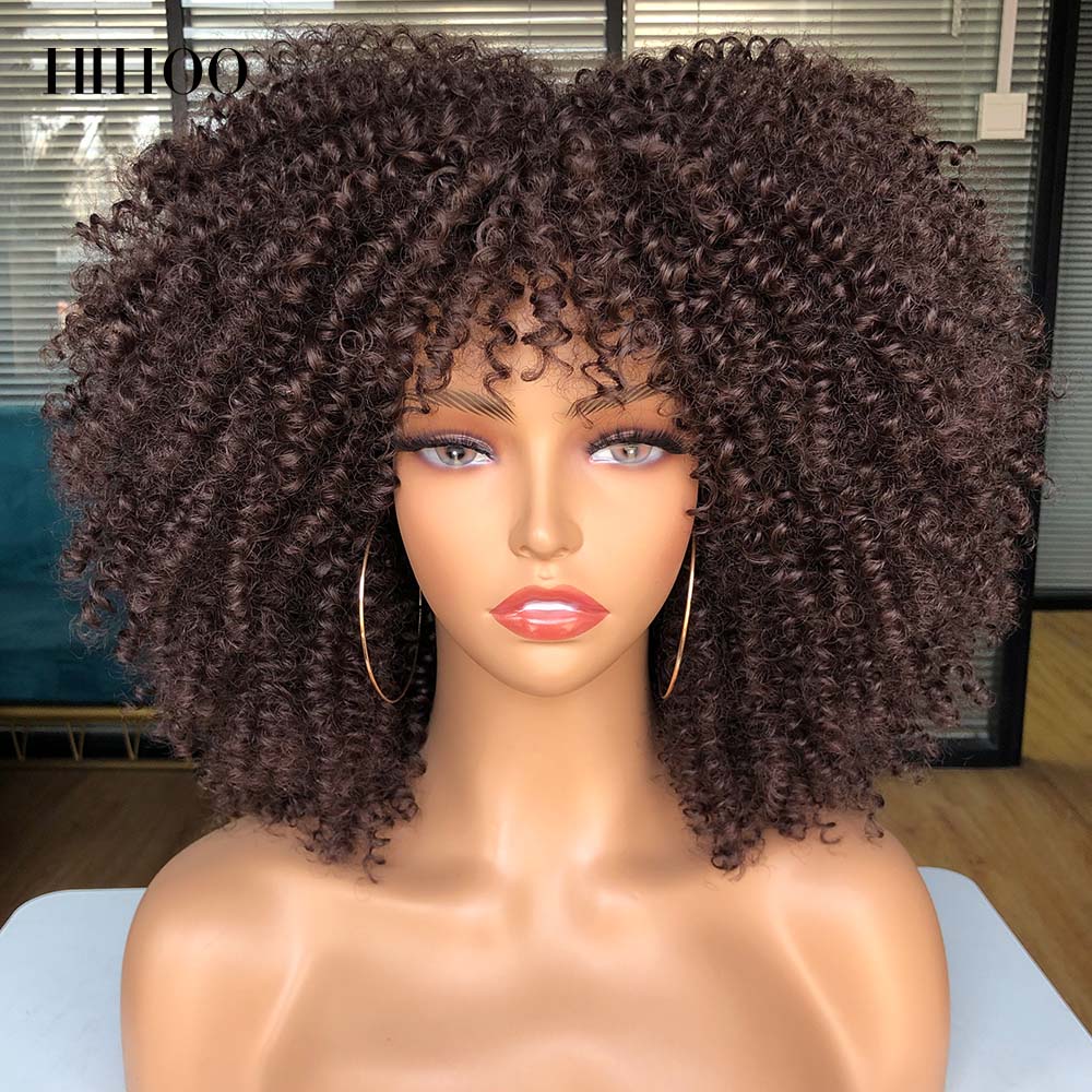 Short Hair Afro Kinky Curly Wigs With Bangs For Black Women Cosplay Lolita Synthetic Natural Blonde Wig Red Blue Orange Wig