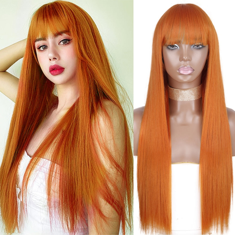 Synthetic Orange Long Straight Wig With Bangs Cosplay Synthetic Hair Wigs For Woman Heat Resistant Fiber Hair Wigs