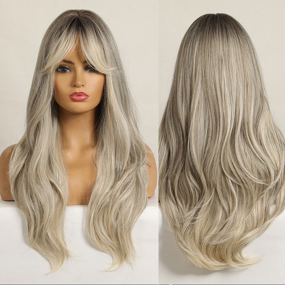 Synthetic Long Wavy Wigs with Bangs Cosplay Natural Ombre Brown to Dark Blonde Hair for Women High Temperature Fiber Wig