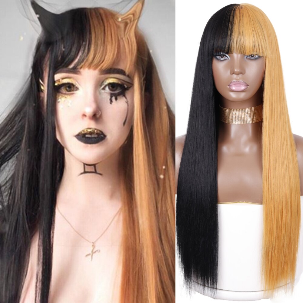 Synthetic Orange Long Straight Wig With Bangs Cosplay Synthetic Hair Wigs For Woman Heat Resistant Fiber Hair Wigs
