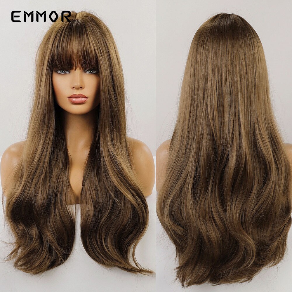 Synthetic Ombre Brown to Ginger Wigs Natural Blonde Wavy Hair Wig for Women Cosplay Orange-brown Daily Wigs with Bangs