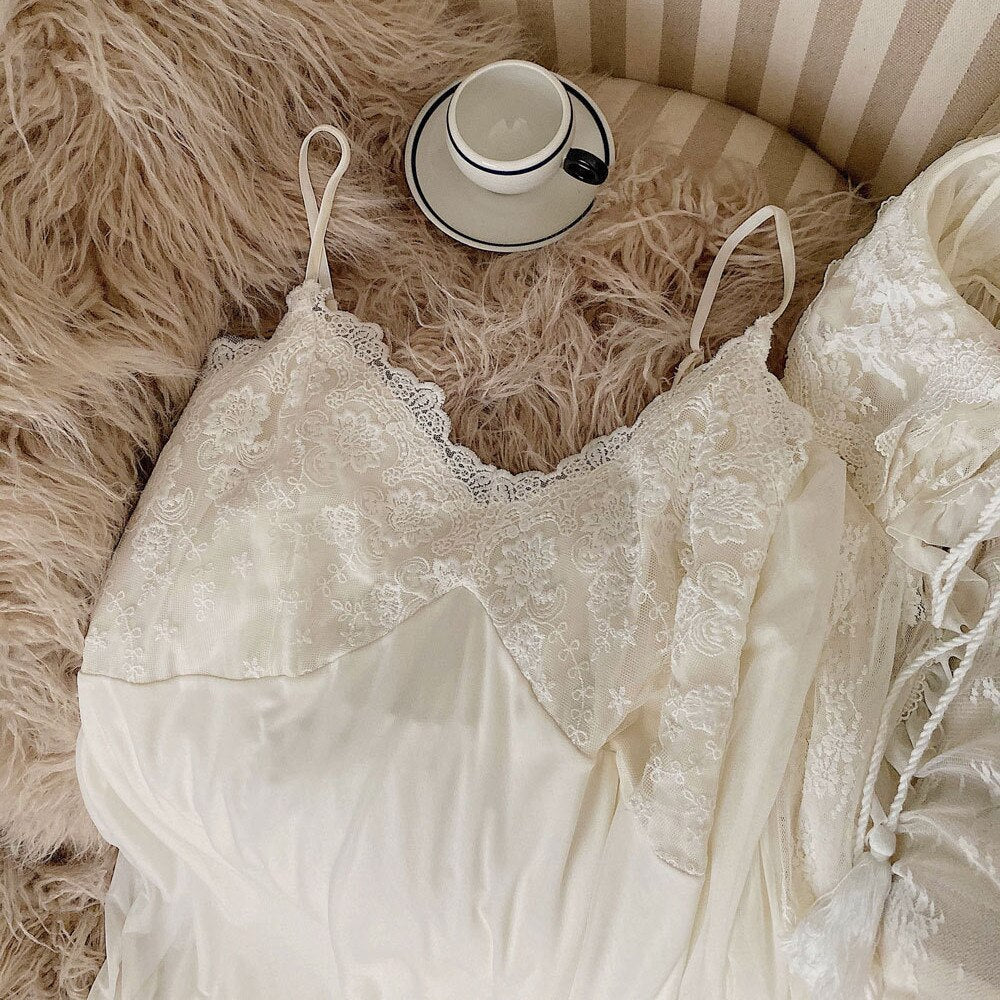 Vintage Luxury White Lace 2-Pics Women's Robe Sets Royal Roupas De Dormir Femininas Holiday Princess Sleepwear