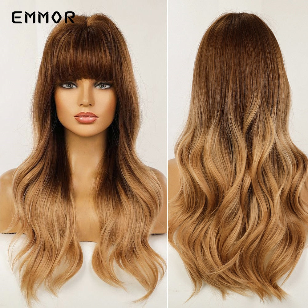 Synthetic Ombre Brown to Ginger Wigs Natural Blonde Wavy Hair Wig for Women Cosplay Orange-brown Daily Wigs with Bangs