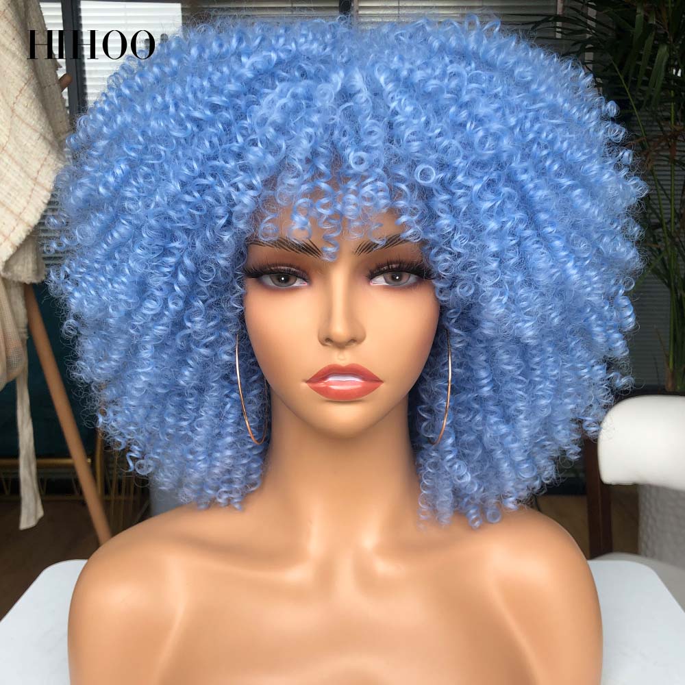Short Hair Afro Kinky Curly Wigs With Bangs For Black Women Cosplay Lolita Synthetic Natural Blonde Wig Red Blue Orange Wig