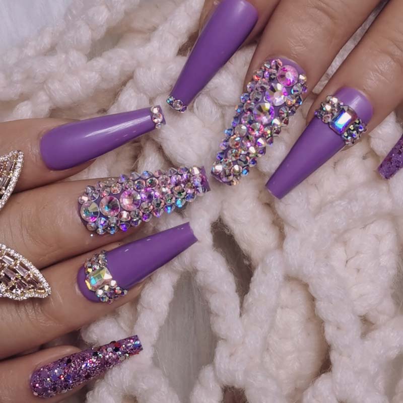 24pcs luxury jewelry long ballet coffin fake nails crystal diamond purple