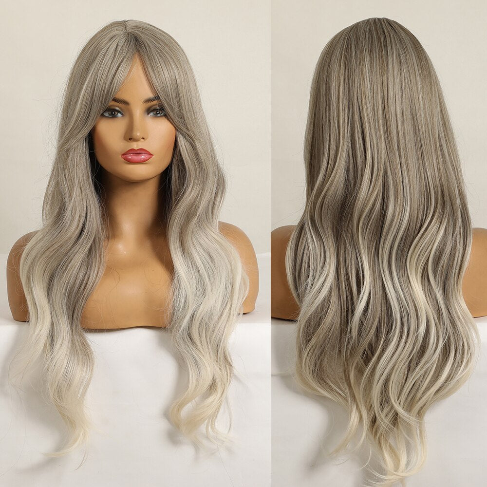 Synthetic Long Wavy Wigs with Bangs Cosplay Natural Ombre Brown to Ash Brown Hair for Women High Temperature Fiber Wig