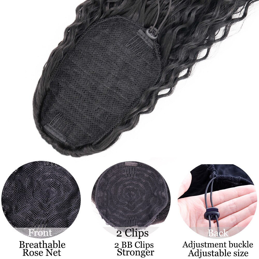 Synthetic 26Inch 65CM Kinky Curly Ponytail Clip-In Hair Extension Long Ombre Wrap Around Fake Ponytail Black Curly Pony Tail