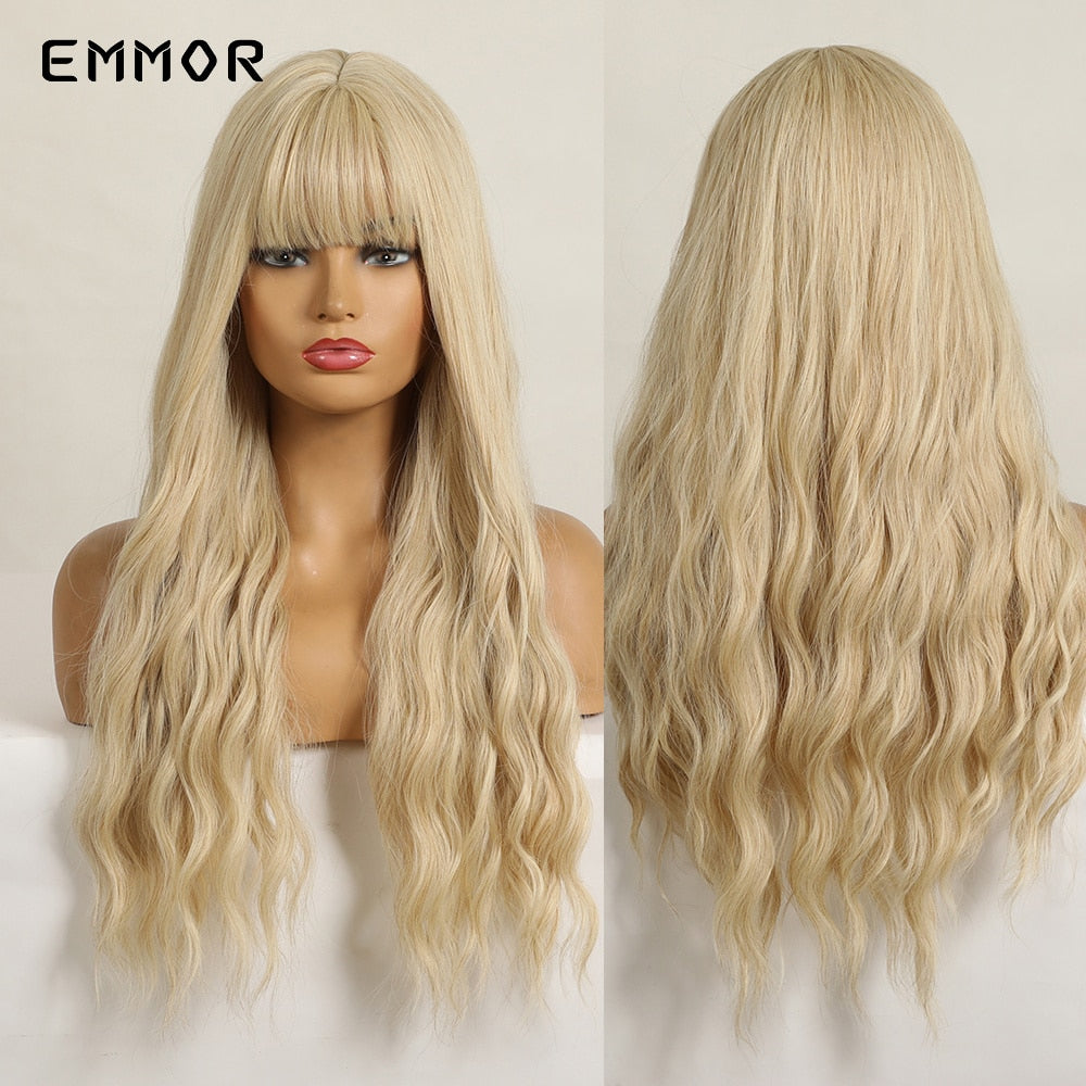 Synthetic Long Wavy Wigs with Bangs for Women Cosplay Natural Ombre Brown to Light Blonde Hair Wig High Temperature Fiber