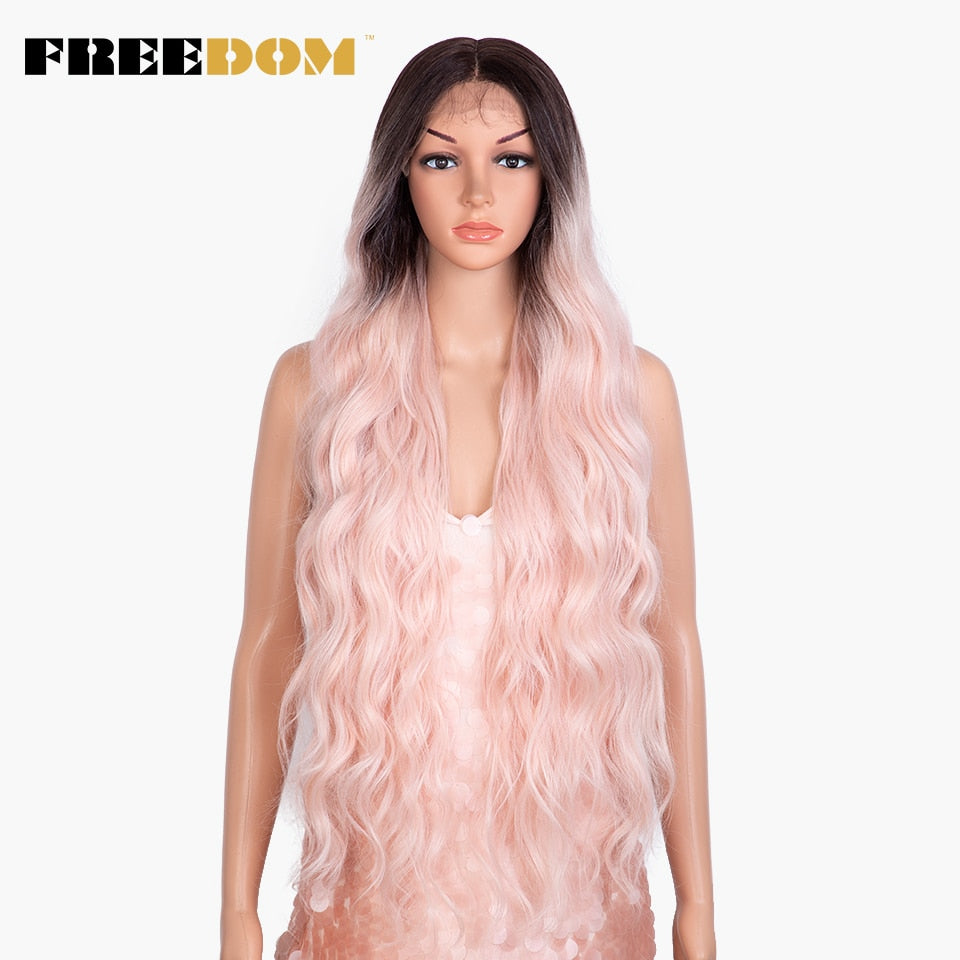 Synthetic Lace Front Wigs For Women 36 inch Super Long Body Wavy Lace Wig Brown Ombre Pink Cosplay Wigs Heat Resistant