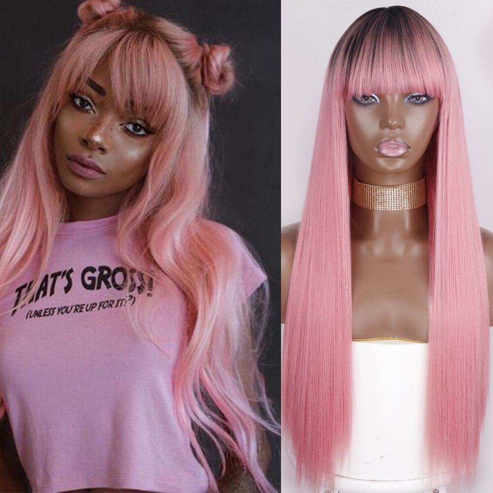 Synthetic Orange Long Straight Wig With Bangs Cosplay Synthetic Hair Wigs For Woman Heat Resistant Fiber Hair Wigs