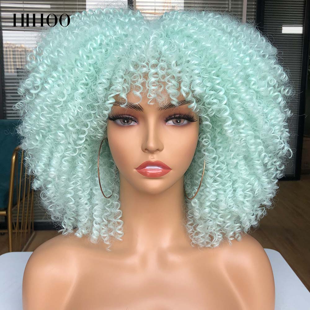 Short Hair Afro Kinky Curly Wigs With Bangs For Black Women Cosplay Lolita Synthetic Natural Blonde Wig Red Blue Orange Wig