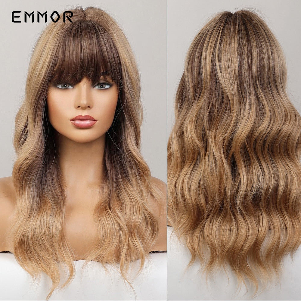 Synthetic Ombre Brown to Ginger Wigs Natural Blonde Wavy Hair Wig for Women Cosplay Orange-brown Daily Wigs with Bangs