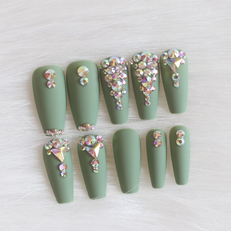 24pcs candy long ballet handmade crystal diamond Matte fake nails sexy green