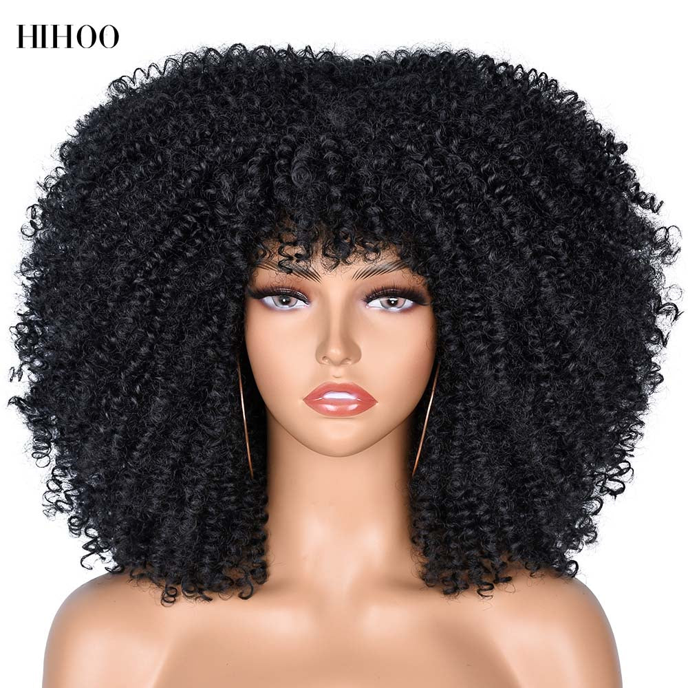 Short Hair Afro Kinky Curly Wigs With Bangs For Black Women Cosplay Lolita Synthetic Natural Blonde Wig Red Blue Orange Wig