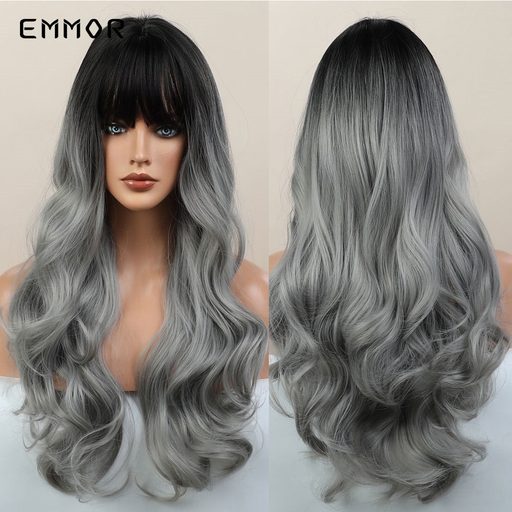 Synthetic Ombre Brown to Ginger Wigs Natural Blonde Wavy Hair Wig for Women Cosplay Orange-brown Daily Wigs with Bangs