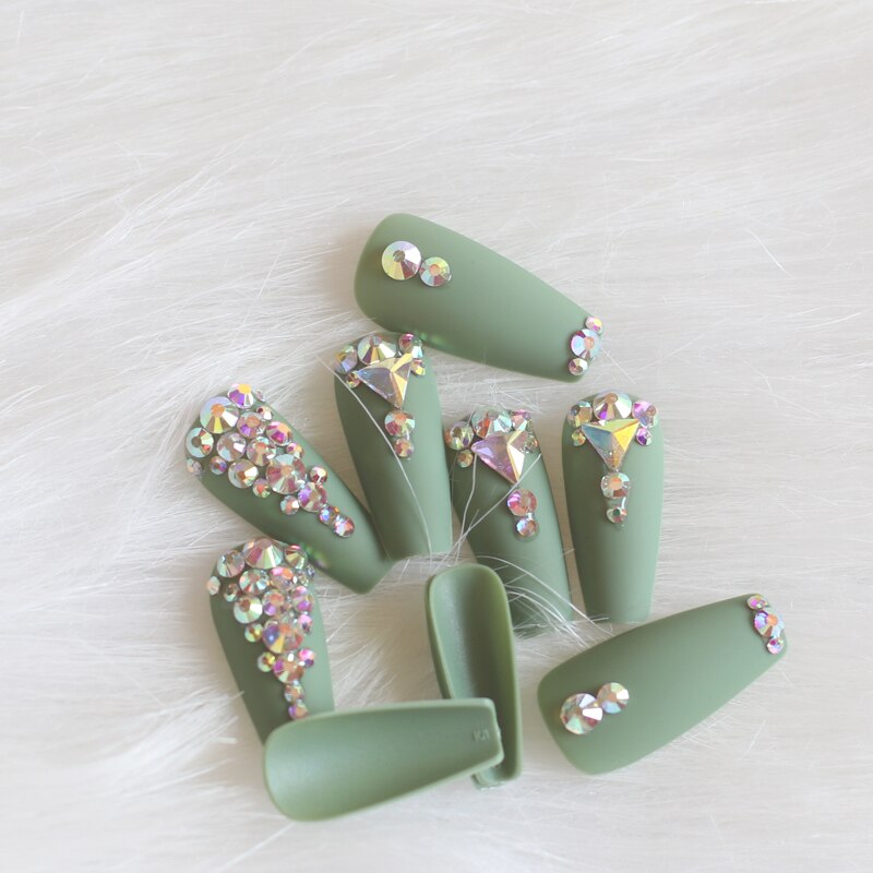 24pcs candy long ballet handmade crystal diamond Matte fake nails sexy green