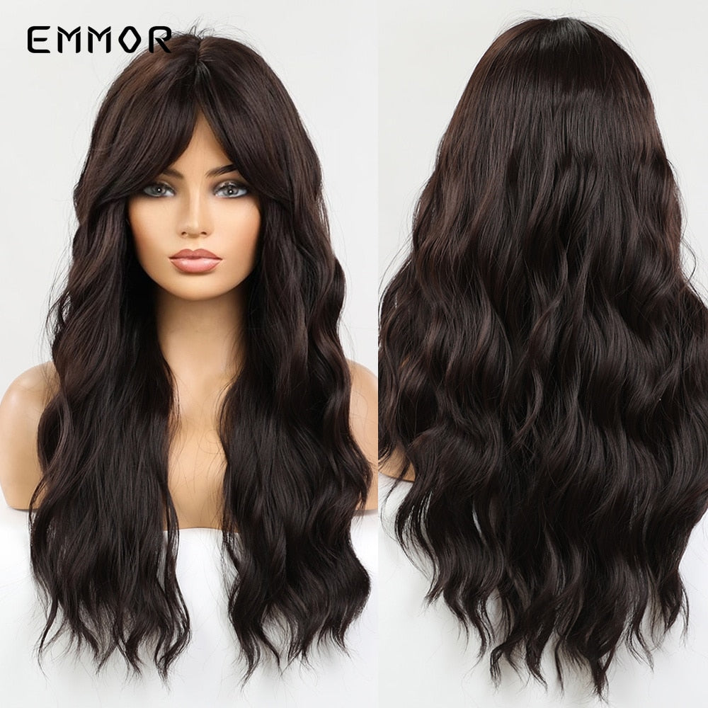 Synthetic Long Wavy Wigs with Bangs Cosplay Natural Ombre Brown to Ash Brown Hair for Women High Temperature Fiber Wig