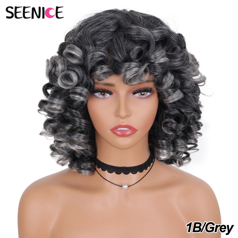 Short Hair Afro Kinky Curly Wigs With Bangs For Black Women Fluffy Synthetic African Ombre Glueless Cosplay Natural Brown Wigs
