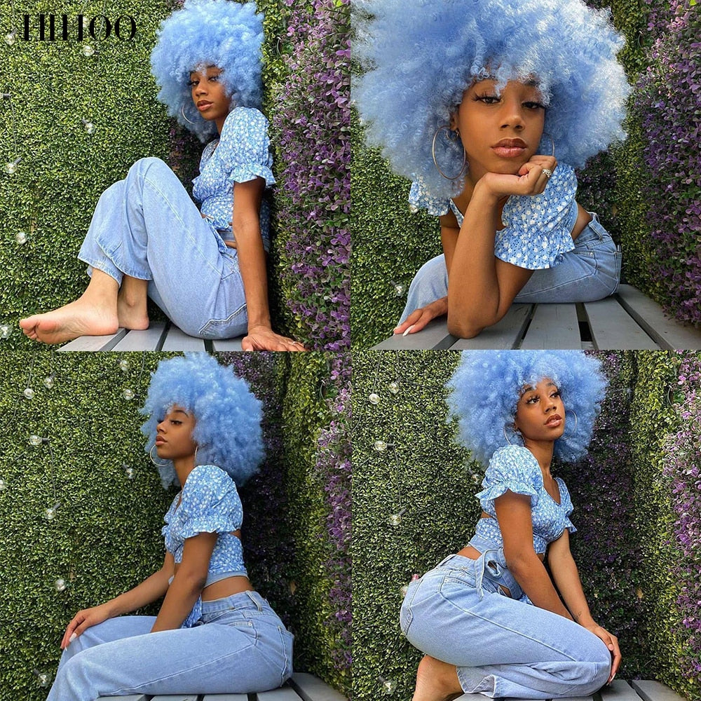 Short Hair Afro Kinky Curly Wigs With Bangs For Black Women Cosplay Lolita Synthetic Natural Blonde Wig Red Blue Orange Wig
