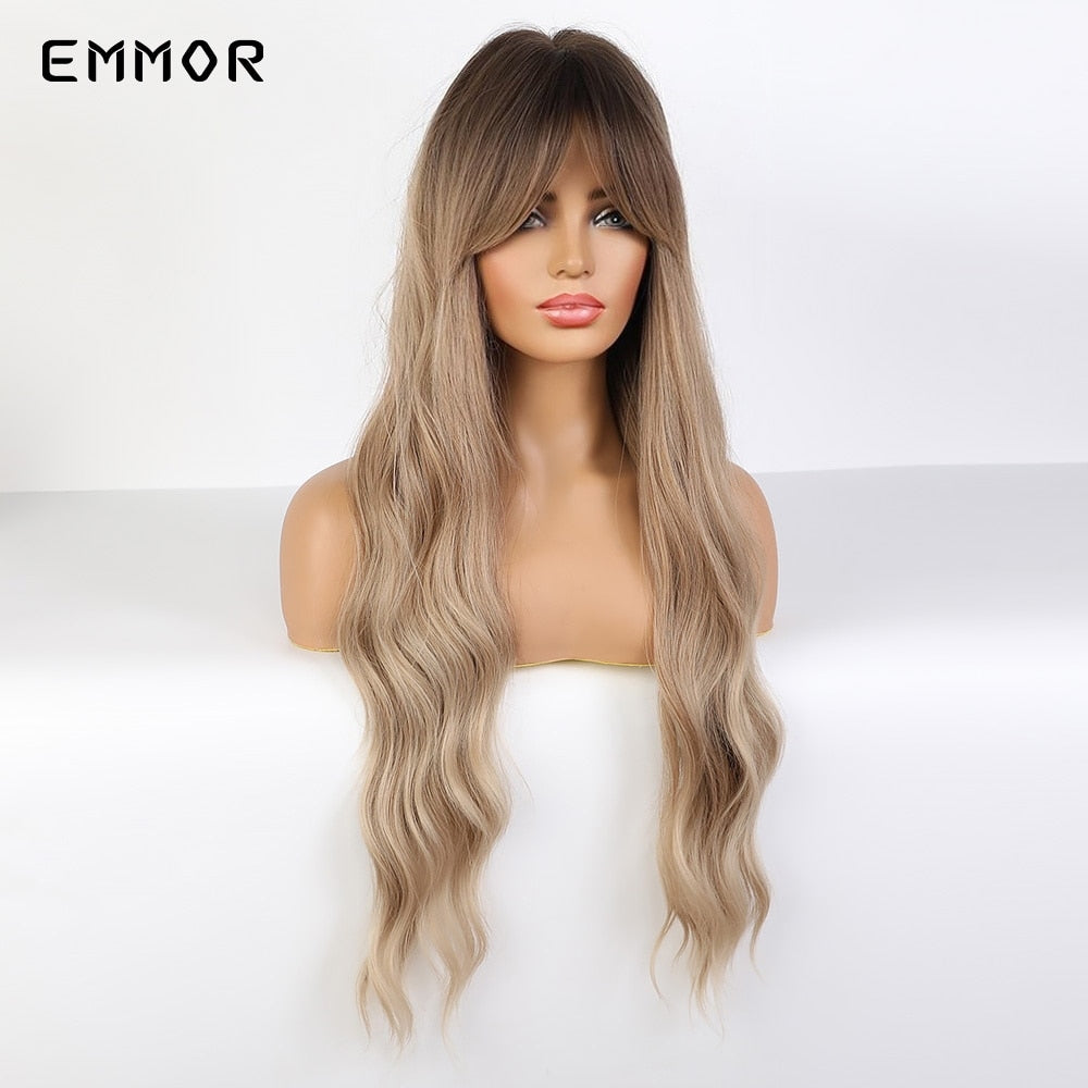 Synthetic Long Wavy Wigs with Bangs for Women Cosplay Natural Ombre Brown to Light Blonde Hair Wig High Temperature Fiber