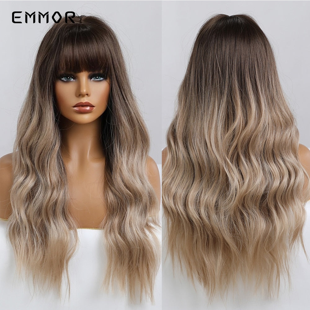Synthetic Ombre Brown to Ginger Wigs Natural Blonde Wavy Hair Wig for Women Cosplay Orange-brown Daily Wigs with Bangs