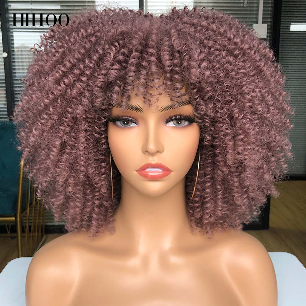 Short Hair Afro Kinky Curly Wigs With Bangs For Black Women Cosplay Lolita Synthetic Natural Blonde Wig Red Blue Orange Wig
