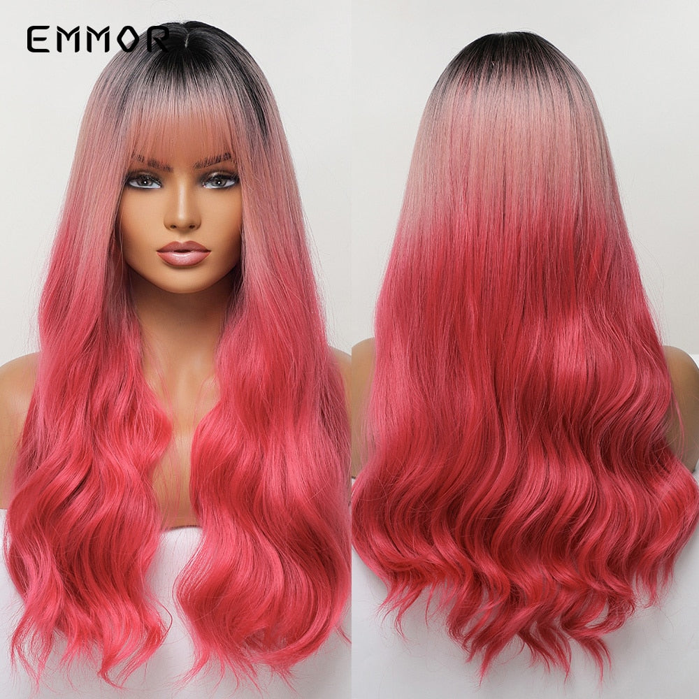 Synthetic Ombre Brown to Ginger Wigs Natural Blonde Wavy Hair Wig for Women Cosplay Orange-brown Daily Wigs with Bangs