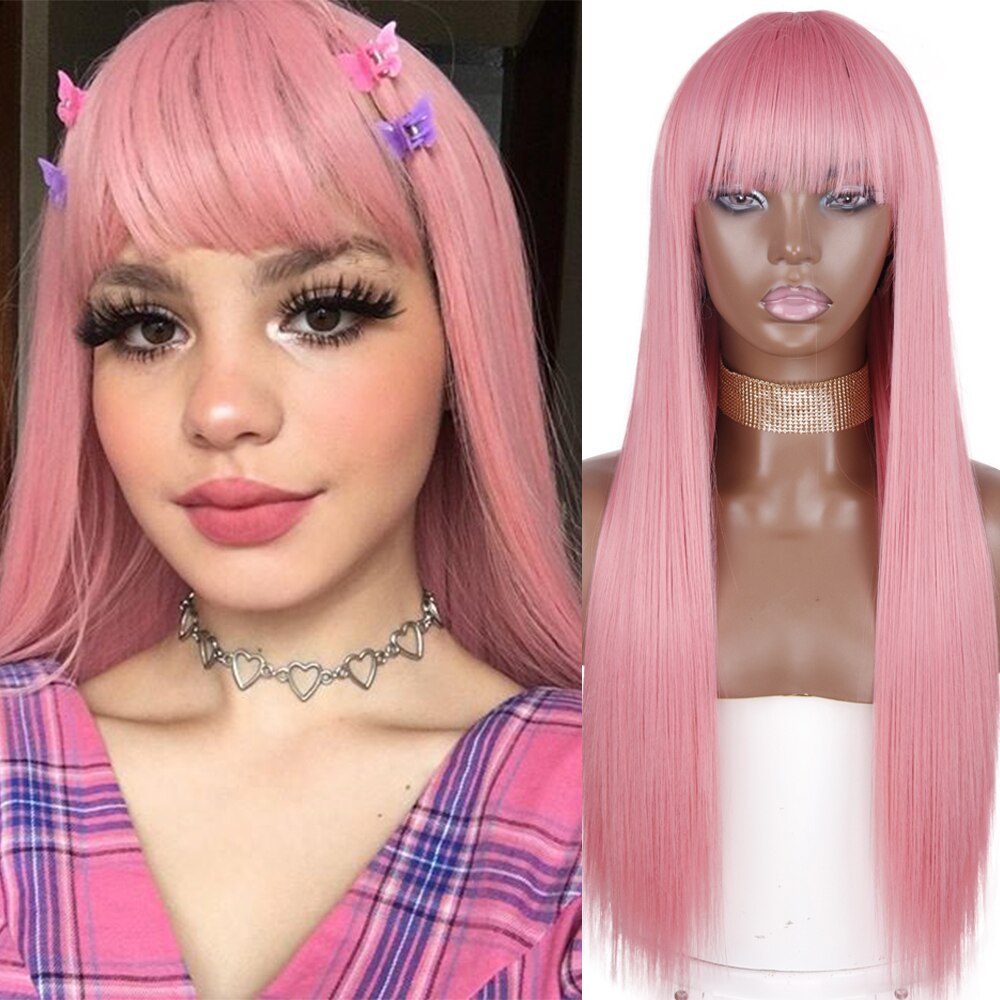 Synthetic Orange Long Straight Wig With Bangs Cosplay Synthetic Hair Wigs For Woman Heat Resistant Fiber Hair Wigs