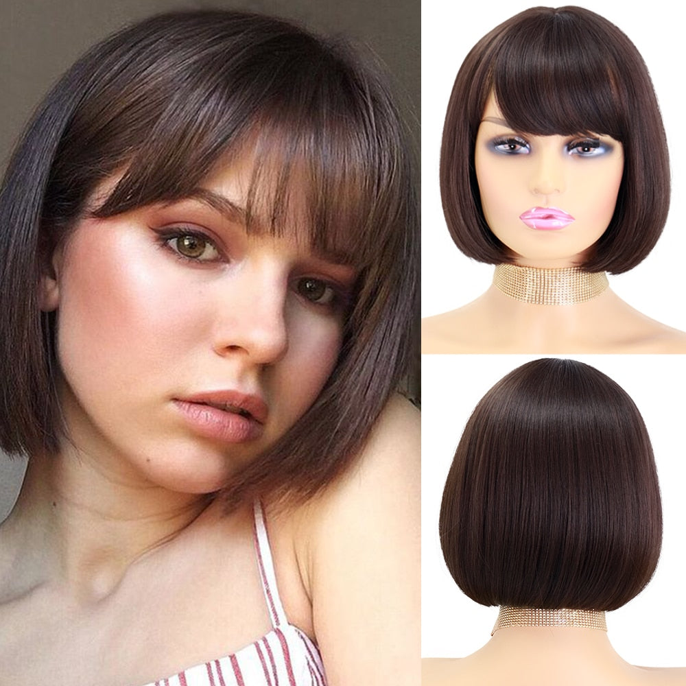 Synthetic Wigs Short Bob With Bangs For Women Ombre Black Red Blonde Pink Lolita Cosplay Party Natural Hair Roll inward