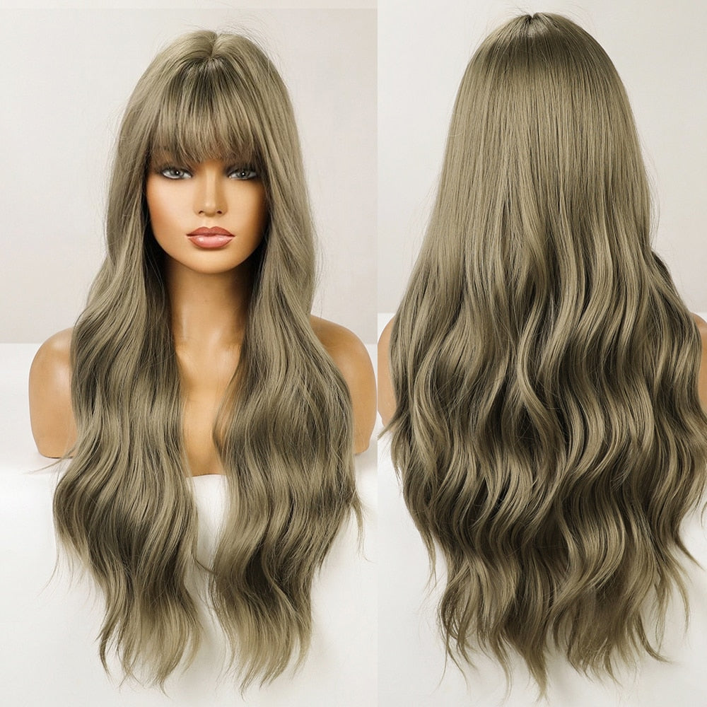 Synthetic Long Wavy Wigs with Bangs for Women Cosplay Natural Ombre Brown to Light Blonde Hair Wig High Temperature Fiber
