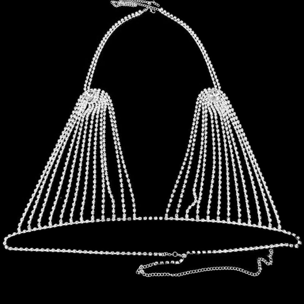 Sexy Hollow Rhinestone Bra and Thong Panties for Women Charm Bikinis Crystal Body Chain Harness Underwear