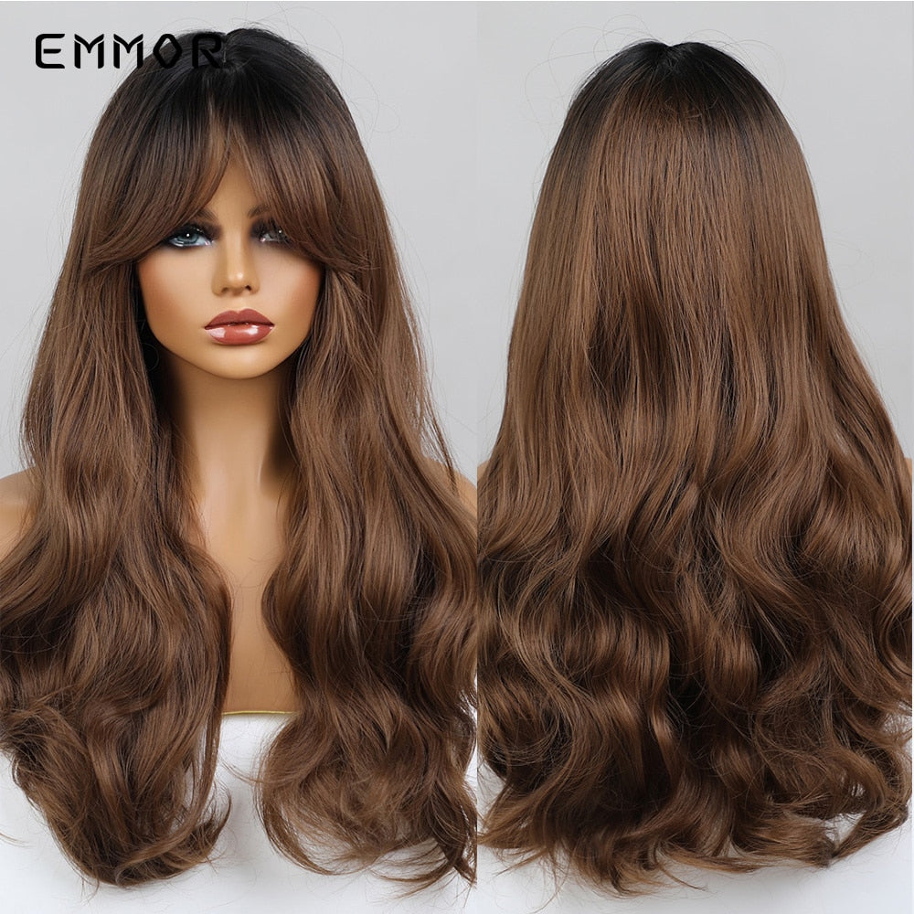 Synthetic Ombre Brown to Ginger Wigs Natural Blonde Wavy Hair Wig for Women Cosplay Orange-brown Daily Wigs with Bangs