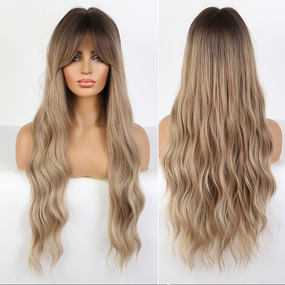 Synthetic Long Wavy Wigs with Bangs Cosplay Natural Ombre Brown to Ash Brown Hair for Women High Temperature Fiber Wig