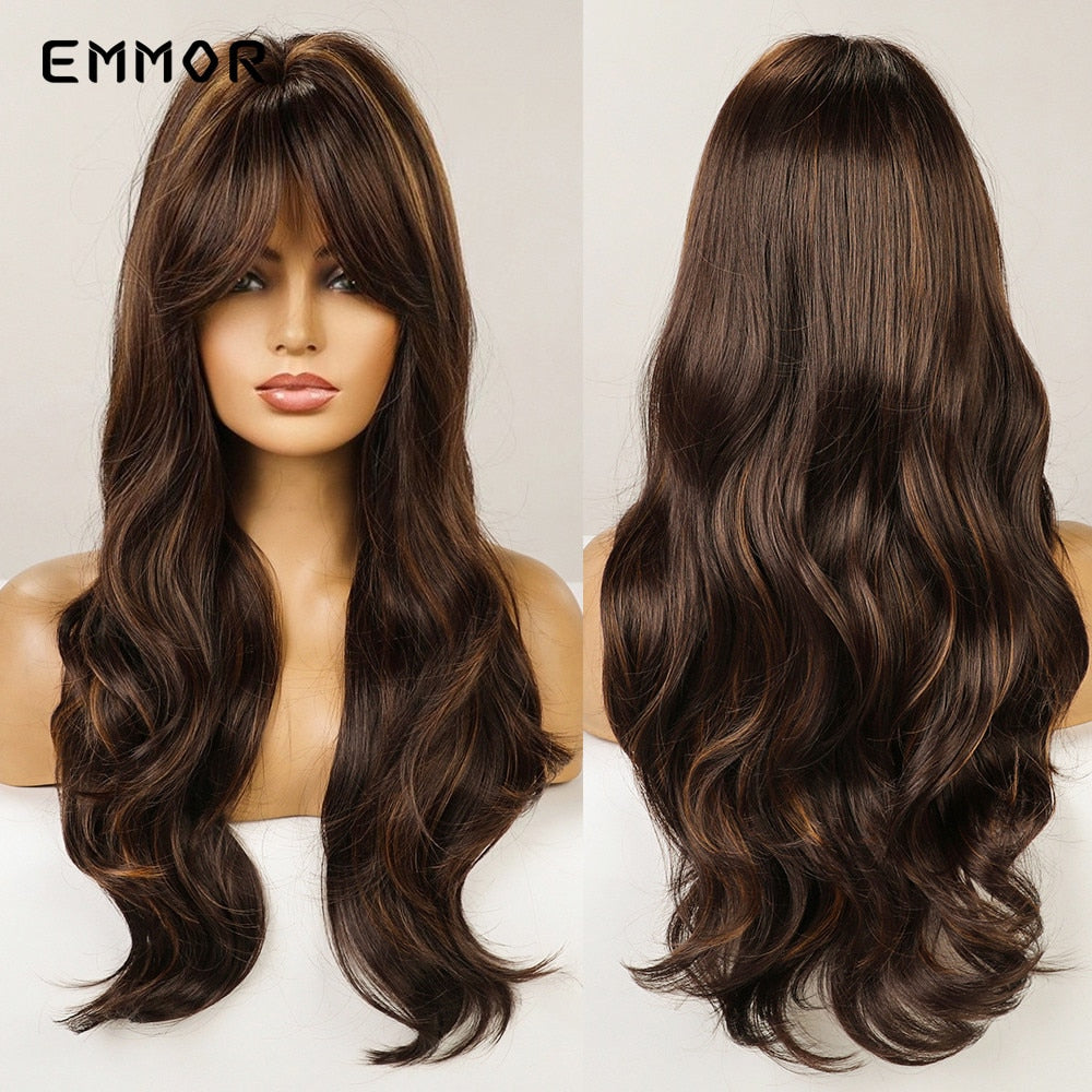 Synthetic Ombre Brown to Ginger Wigs Natural Blonde Wavy Hair Wig for Women Cosplay Orange-brown Daily Wigs with Bangs
