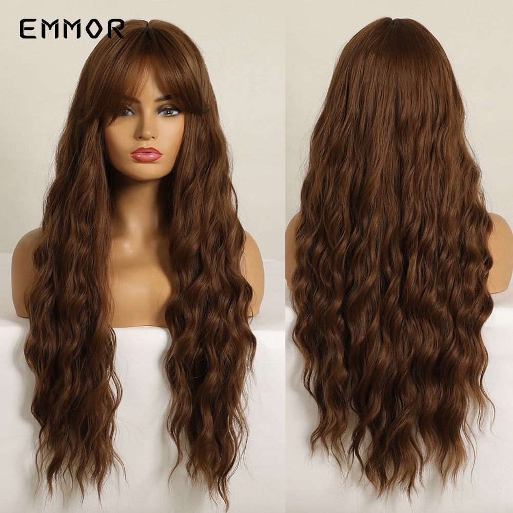 Synthetic Long Wavy Wigs with Bangs for Women Cosplay Natural Ombre Brown to Light Blonde Hair Wig High Temperature Fiber