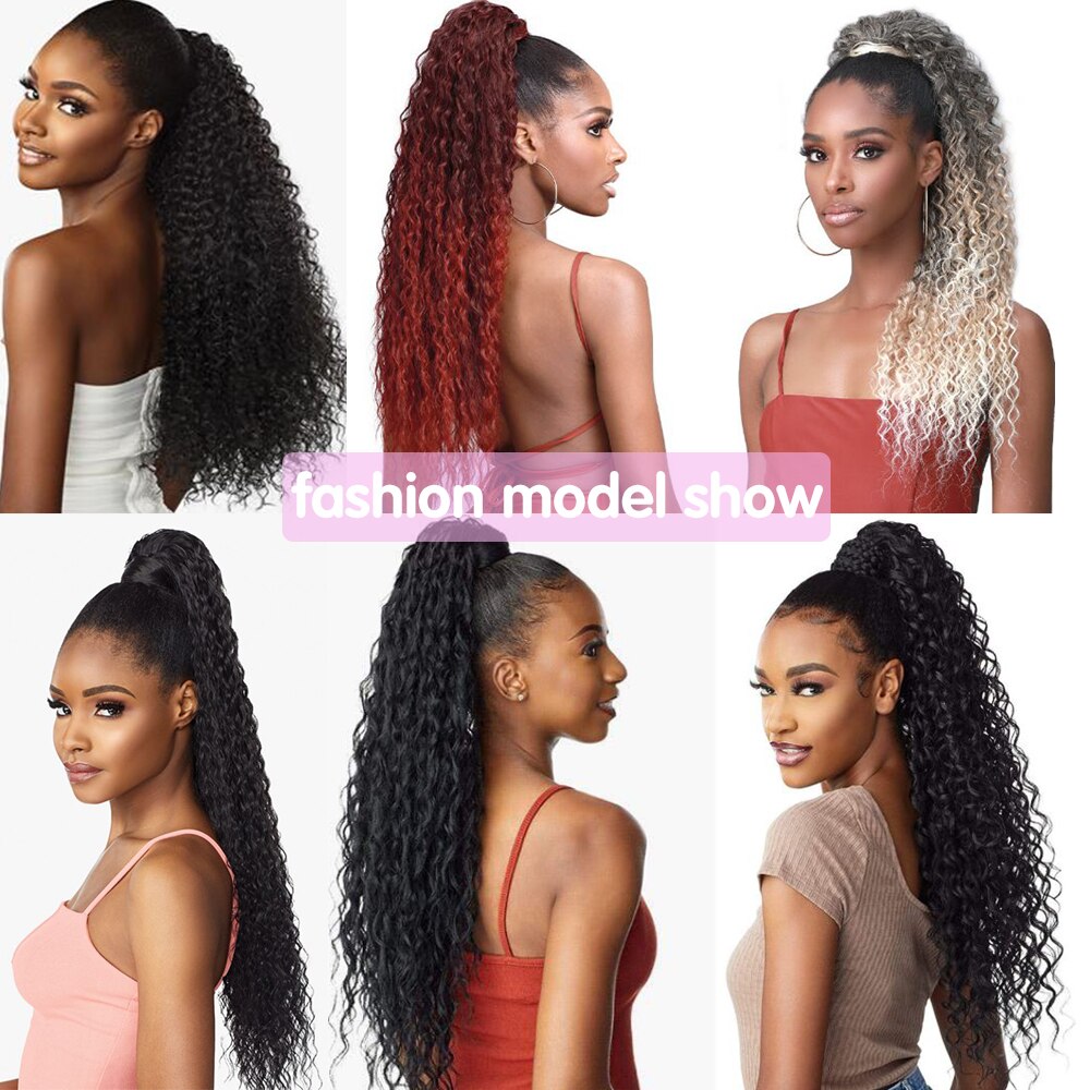 Synthetic 26Inch 65CM Kinky Curly Ponytail Clip-In Hair Extension Long Ombre Wrap Around Fake Ponytail Black Curly Pony Tail