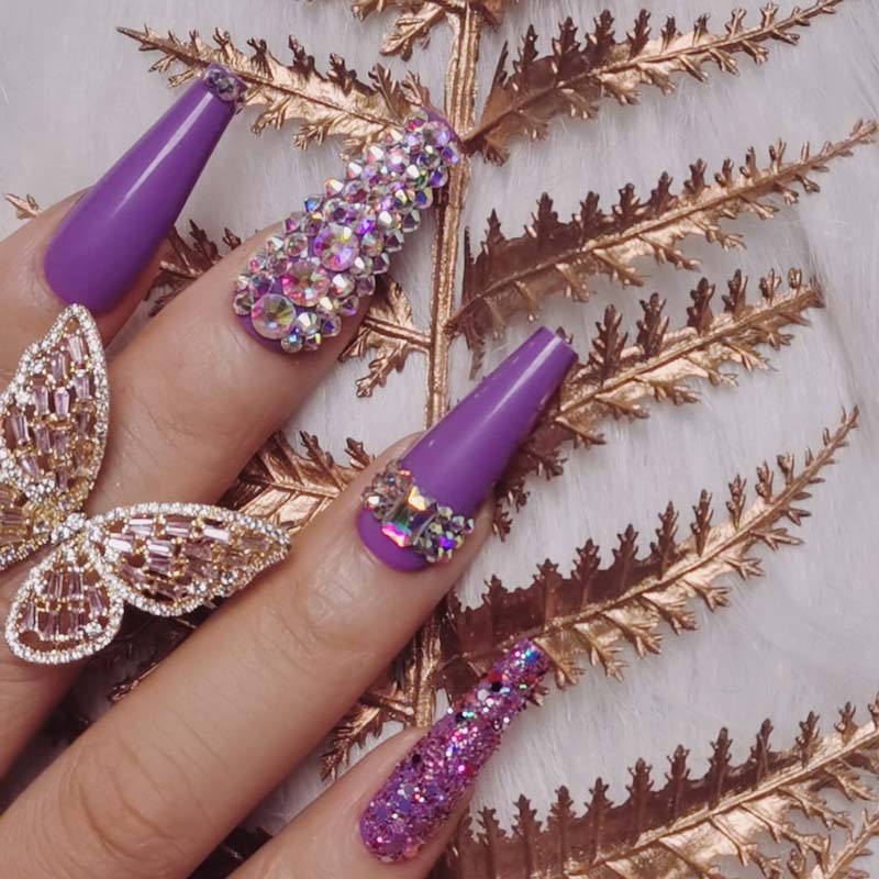 24pcs luxury jewelry long ballet coffin fake nails crystal diamond purple