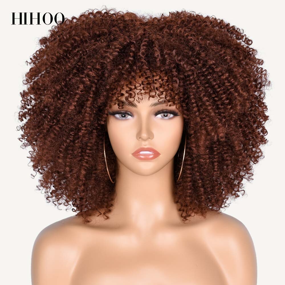 Short Hair Afro Kinky Curly Wigs With Bangs For Black Women Cosplay Lolita Synthetic Natural Blonde Wig Red Blue Orange Wig